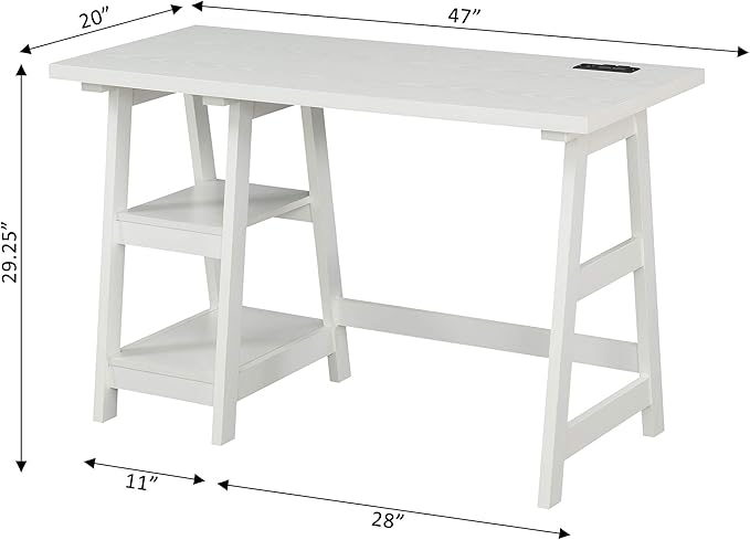 Convenience Concepts Designs2Go Trestle Desk with Charging Station and Shelves, White - LeafyLoom