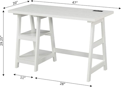 Convenience Concepts Designs2Go Trestle Desk with Charging Station and Shelves, White - LeafyLoom