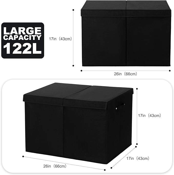 122L Large Toy Box Chest with Lid, Foldable Toy Storage Organizer Bin Boxes with Removable Divider for Kids, Boys, Girls, Nursery, Playroom, 26"x17" x17"(Linen Black) - LeafyLoom