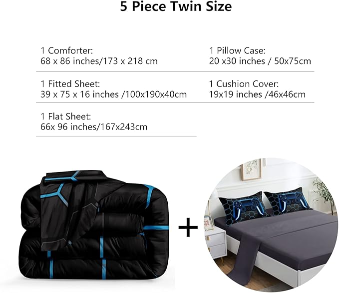 5 Pieces Gaming Bedding Set for Boys Gamer Comforter Set Twin Size,Game Controller Comforter for Boys Kids Teen 3D Gamepad Microfiber Bedding Sets 5 Pieces Bed in A Bag Sets-H50022,Twin - LeafyLoom