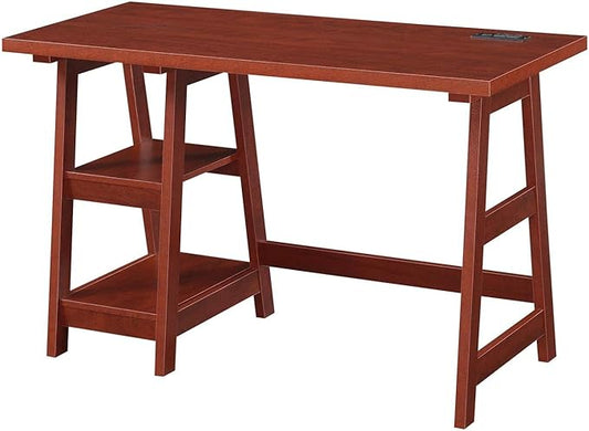 Convenience Concepts Designs2Go Trestle Desk with Charging Station and Shelves, Cherry - LeafyLoom