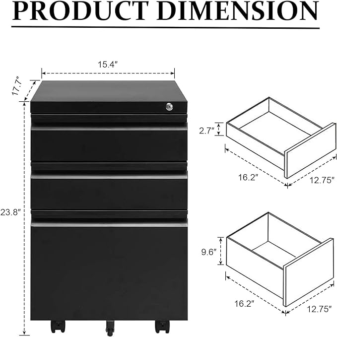 3-Drawer Mobile File Cabinets Rolling Metal Filing Cabinet for Legal & Letter File Anti-tilt Design with Lock Under Desk Office Drawers Fully Assembled Except Casters Black - LeafyLoom