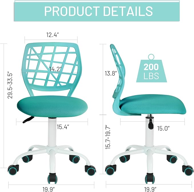 FurnitureR Kids Desk Chair, Armless Office Chair Small Adjsutable Swivel Task Chair with Soft Cushion for Study Kids Teens Child, Turquoise - LeafyLoom