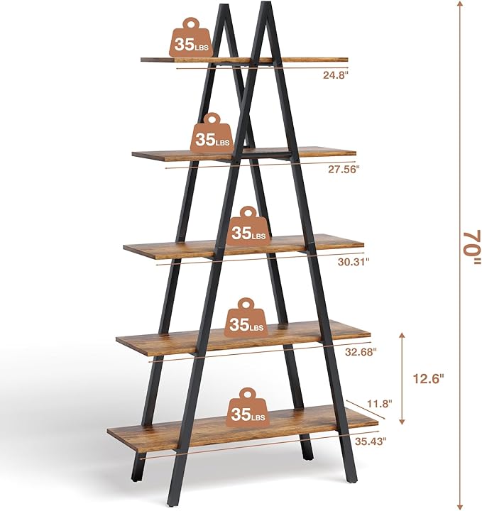 5-Tier Ladder Bookshelf, Industrial A-Shaped Bookcase, Christmas Village Display Stand, Tall Ladder Shelf Storage Organizer for Living Room, Home Office, Black - LeafyLoom