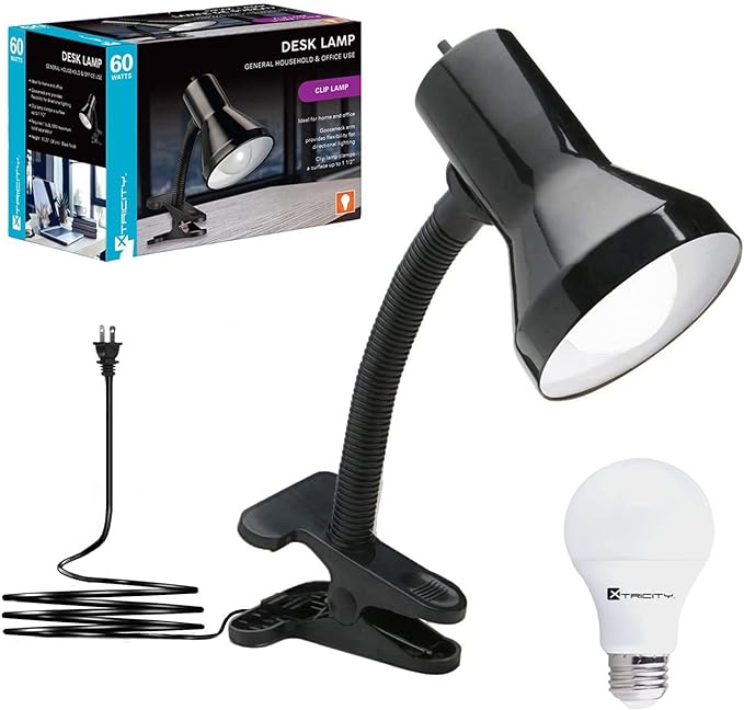 Xtricity Clip on Lamp with Clamp Base and Adjustable Gooseneck Desk lamp, Clip lamp for Bed 6W A19 LED Bulb Included, 120 Volt, Convenient On/Off Switch, 10.25 Inches Tall (26cm), Black Finish - LeafyLoom