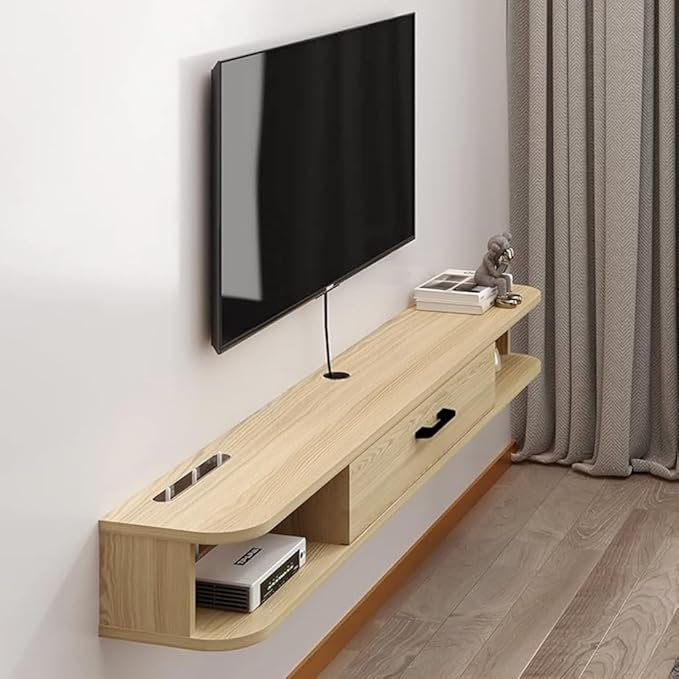 Floating TV Unit, 95'' Wall Mounted TV Cabinet, Floating Shelves with Door, Modern Entertainment Media Console Center Large Storage TV Bench for Living Room & Office (94.49IN, Oak) - LeafyLoom