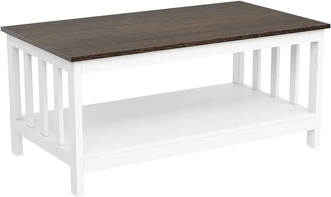 ChooChoo Farmhouse Coffee Table, White Living Room Table with Shelf, 40 Inch - LeafyLoom