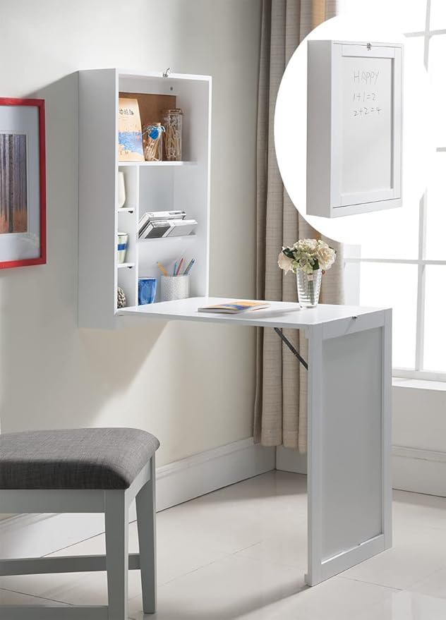 KB Designs - Wall Mounted Fold Out Floating Desk Table with Storage Shelves, White - LeafyLoom