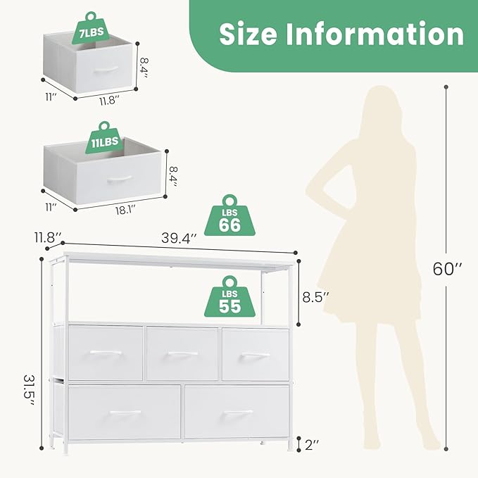 ANTONIA TV Stand Dresser for Bedroom with 5 Fabric Drawer, Entertainment Center for 45 inch Television, Media Console Table with Storage, Open Shelf, Adjustable Feet, Living Room Furniture, White - LeafyLoom