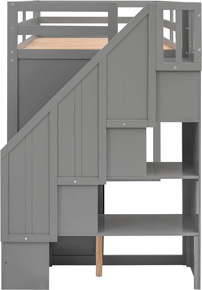 Twin Size Wood Loft Bed, Wooden Loft Bed Frame with 3 Shelves, 2 Wardrobes, 2 Drawers and Storage Staircases for Kids, Teens, Adults, No Box Spring Needed, Gray - LeafyLoom