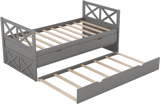 Twin Size Daybed with 2 Storage Drawers and Trundle, Solid Wood Captains Bed Frame for Bedroom and Living Room, Gray - LeafyLoom