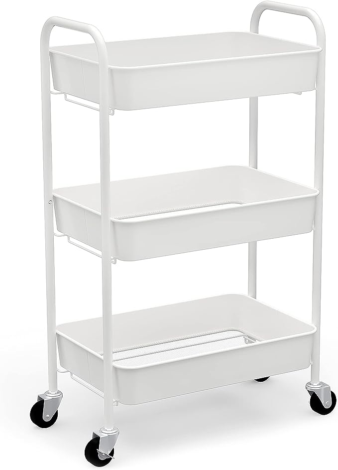 CAXXA 3-Tier Rolling Metal Storage Organizer - Mobile Utility Cart Kitchen Cart with Caster Wheels, White - LeafyLoom