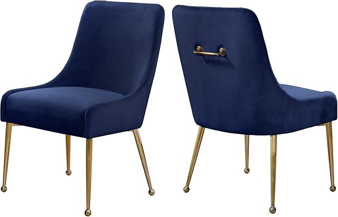 Meridian Furniture Owen Collection Modern | Contemporary Velvet Upholstered Dining Chair with Polished Gold Legs, Set of 2, 24" W x 21" D x 34.5" H, Navy - LeafyLoom