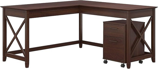 Bush Furniture Key West 60W L Shaped Desk with 2 Drawer Mobile File Cabinet in Bing Cherry - LeafyLoom