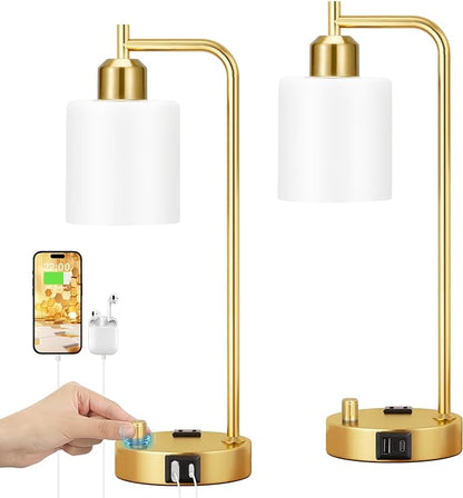 Innqoo Industrial Table Lamps for Bedroom Set of 2 - Fully Dimmable Bedside Lamps with USB Ports and Outlet, Gold Nightstand Lamps with Opal Glass Shade for Living Room, Desk Lamps for Office Reading - LeafyLoom