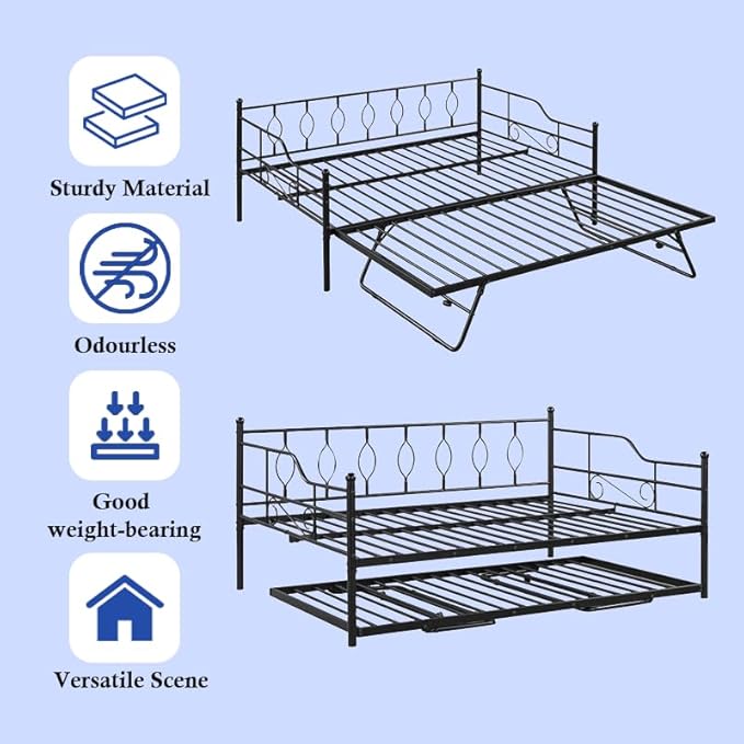 Full Daybed with Trundle, Metal Day Bed with Pull Out Trundle, Sofa Bed with Twin Size Portable Folding Trundle, Bed Frame for Bedroom, Living Room, Guest Room, Home, No Box Spring Needed, Black - LeafyLoom