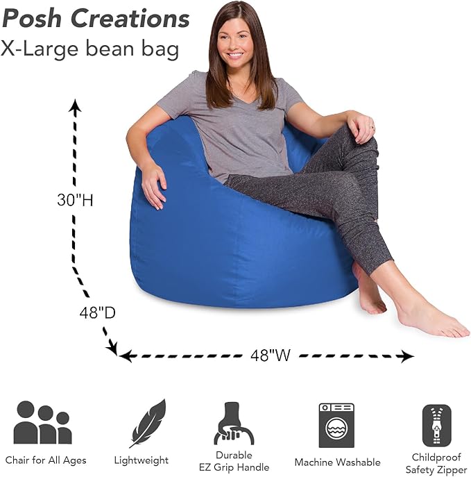 Posh Creations Bean Bag Chair for Kids, Teens, and Adults Includes Removable and Machine Washable Cover, Solid Royal Blue, 48in - X-Large - LeafyLoom