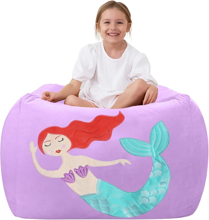 Aubliss Unicorn Stuffed Animal Storage Bean Bag Chair for Kids, Velvet Extra Soft Beanbag Chairs Cover, X-Large Stuffable Zipper Bean Bag for Organizing Plush Toys Girls Bedroom Decor, Purpl - LeafyLoom