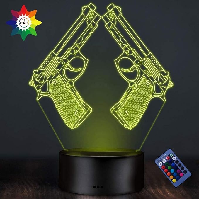 Creative 3D Pistol Lamp Night Light 16 Colors Changing USB Powered Remote Control Touch Switch Decor Lamp Optical Illusion Lamp LED Table Desk Lamp Children Kids Christmas Brithday Gift - LeafyLoom