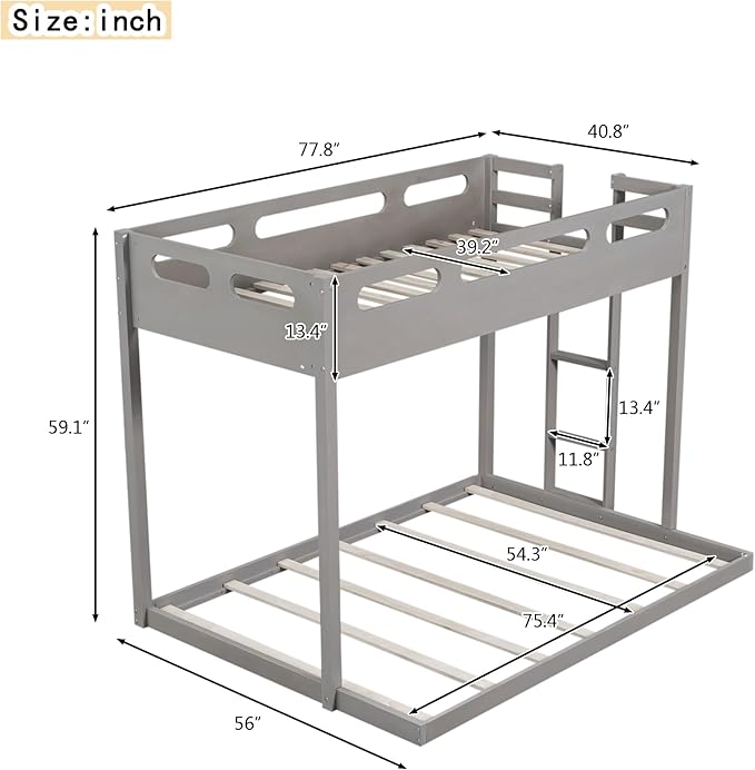 Twin Over Full Bunk Bed with Built-in Ladder, Solid Wood Floor Bedframe with Guardrail, Headboard and Footboard, for Kids Teens Adults, Bedroom/Dorm Bunkbeds, Gray - LeafyLoom