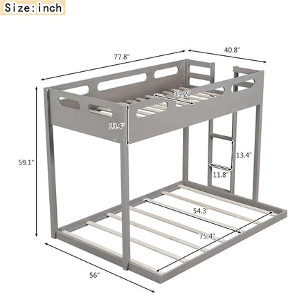 Twin Over Full Bunk Bed with Built-in Ladder, Solid Wood Floor Bedframe with Guardrail, Headboard and Footboard, for Kids Teens Adults, Bedroom/Dorm Bunkbeds, Gray - LeafyLoom