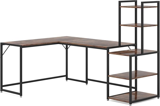 79 Inch Reversible L-Shaped Desk, Large Corner Computer Desk with 5 Tier Storage Shelves - LeafyLoom