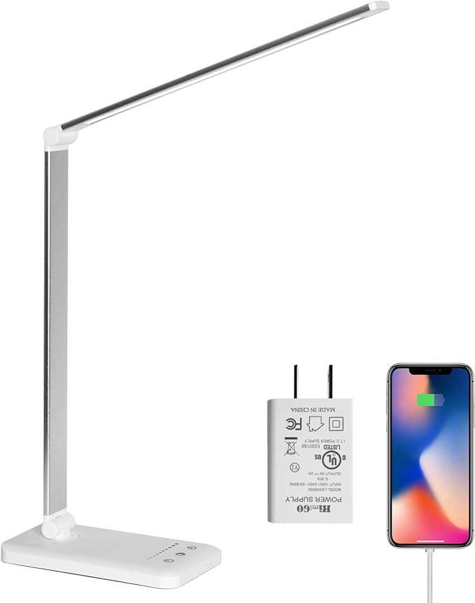 LED Desk Lamp,Eye-Caring Table Lamps,Stepless Dimmable Office Lamp with USB Charging Port,Touch/Memory/Timer Function,25 Brightness Lighting,Foldable Lamp for Reading,Studying,Working - LeafyLoom