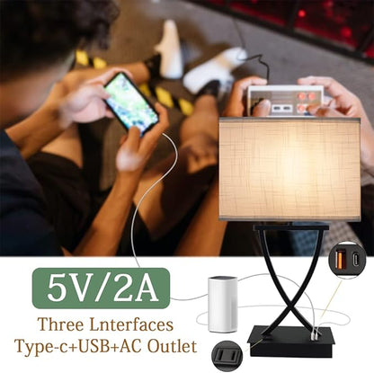 3-Way Dimmable Touch Control Medium Table Lamp with Type C/USB Charging Port and 1 AC Outlet White Shade 21.38" Bedside Nightstand Lamp for Bedroom Living Room Office and Hotel Bulb Included - LeafyLoom