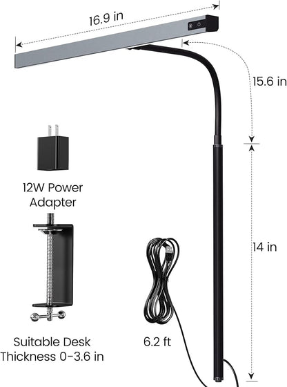 SUPERDANNY LED Desk Lamp for Office Home, Eye-Caring Desk Light with Adjustable Gooseneck, 12W Touch Control Dimmable Brightness, Architect Clamp Lamp with USB Adapter, Grey - LeafyLoom