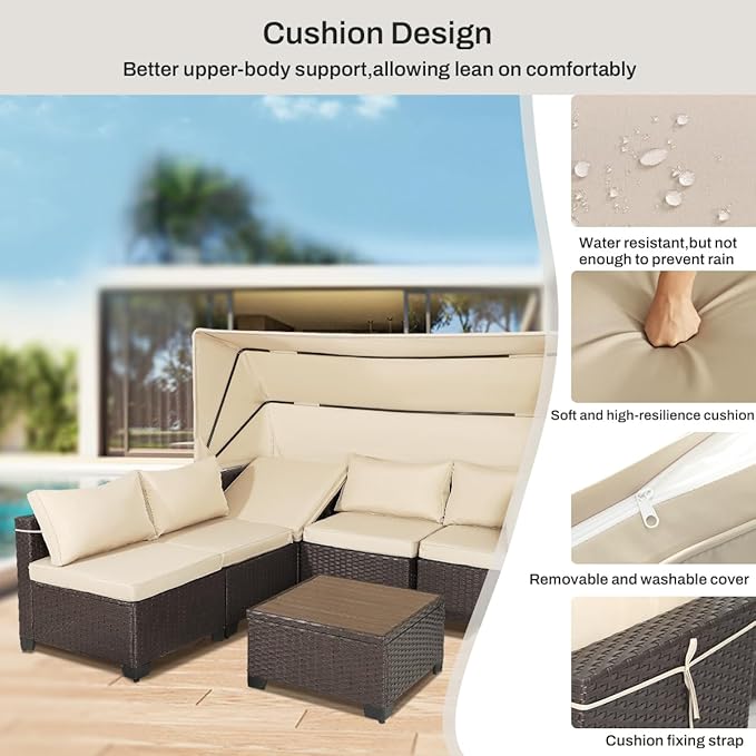 6 PCS Outdoor Patio Furniture Set,Sectional Sofa Set,Rattan Daybed with Retractable Canopy,Adjustable Backrest,Storage Coffee Table for Porch Garden Poolside Backyard(Khaki) - LeafyLoom