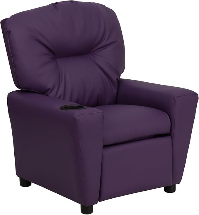 Flash Furniture Chandler Vinyl Kids Recliner with Cup Holder and Safety Recline, Contemporary Reclining Chair for Kids, Supports up to 90 lbs., Purple - LeafyLoom