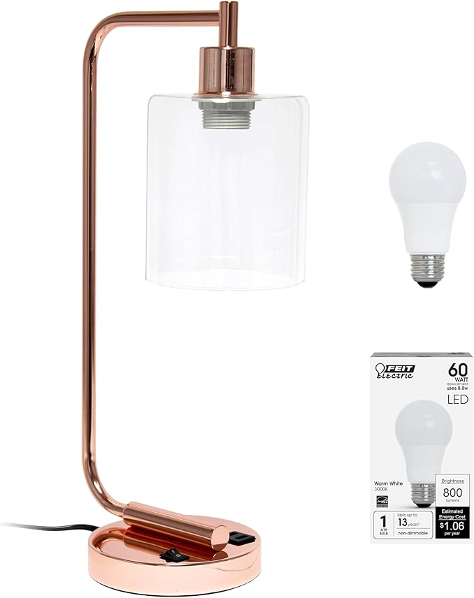 Simple Designs LD1066-RGD-LB Industrial Vintage Bronson Iron Lantern Desk Table Lamp with USB Port and Glass Cylinder Shade for Office, Living Room, Bedroom, Rose Gold, with Feit LED Bulb Included - LeafyLoom