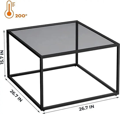 SAYGOER Glass Coffee Table, Small Modern Coffee Table Square Simple Center Tables for Living Room 26.7 x 26.7 x 15.7 Inches, Gray Black - LeafyLoom