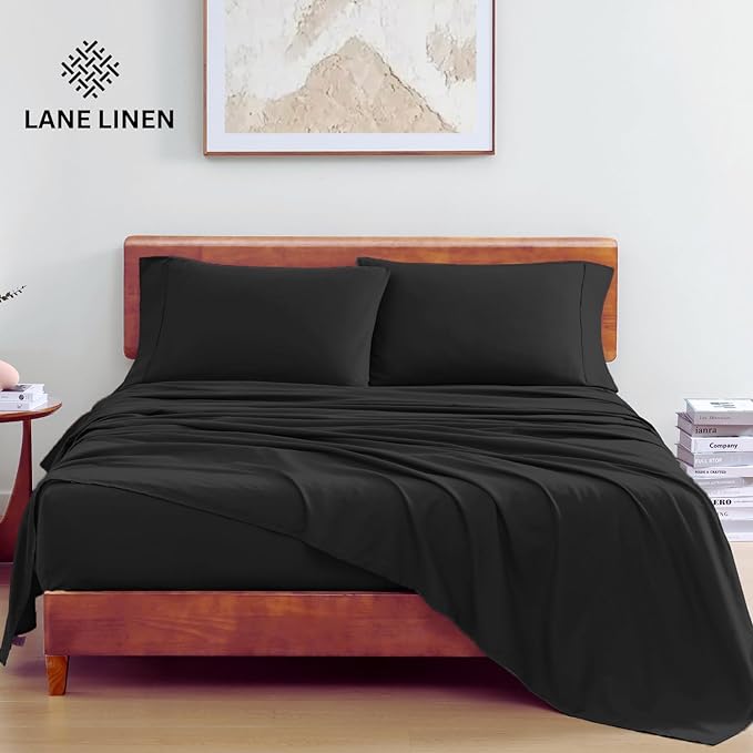 LANE LINEN 100% Organic Cotton Twin XL Sheets Set, 3-Piece Pure Organic Cotton Percale Sheets, Cotton Bedsheets, Ultra Soft Bedding Sheets, Breathable, Fits Mattress Upto 15" Deep - Black - LeafyLoom