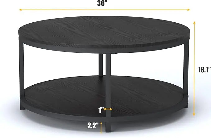 NSdirect 36 inches Round Coffee Table, Rustic Wooden Surface Top & Sturdy Metal Legs Industrial Sofa Table for Living Room Modern Design Home Furniture with Storage Open Shelf (Black) - LeafyLoom