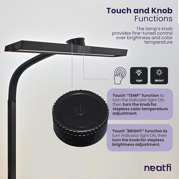 Neatfi LED Desk Lamp with 6-Level Brightness, Adjustable 2700~6500K Color Temperature, 14” Wide, Timer & Charging Port - Touch & Knob Control, 800 Lumens, Dimmable LED Table Light, 24W, CRI 85 (Black) - LeafyLoom