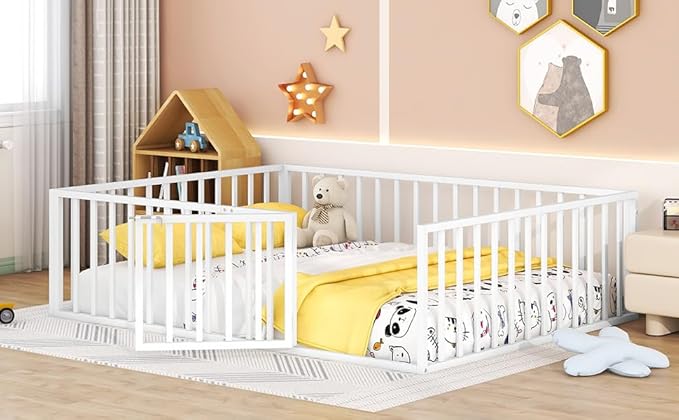 RITSU Queen Size Metal Floor Fence Bed, Montessori Bedframe, with Safety Guardrail and Door, for Children Bedroom, Boys Girls, Apartment, Strong & Durable, Easy to Assemble, White - LeafyLoom