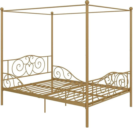 DHP Metal Canopy Kids Platform Bed with Four Poster Design, Scrollwork Headboard and Footboard, Underbed Storage Space, No Box Sring Needed, Full, Gold - LeafyLoom