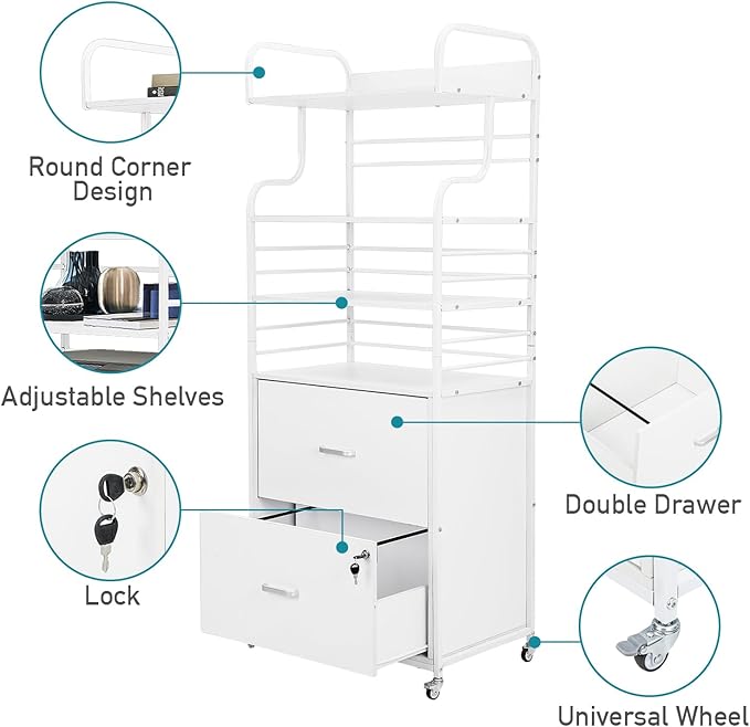 Vertical File Cabinet, 2 Drawer Mobile Filing Cabinet with 3 Bookshelf, Printer Stand with Open Storage Shelves Fits A4/Letter/Legal Size File Cabinets for Home Office Organizer, White - LeafyLoom