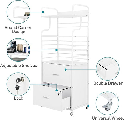 Vertical File Cabinet, 2 Drawer Mobile Filing Cabinet with 3 Bookshelf, Printer Stand with Open Storage Shelves Fits A4/Letter/Legal Size File Cabinets for Home Office Organizer, White - LeafyLoom