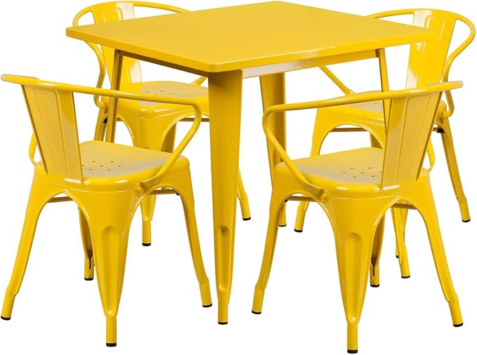 Flash Furniture Commercial Grade 31.5" Square Yellow Metal Indoor-Outdoor Table Set with 4 Arm Chairs - LeafyLoom