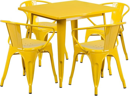 Flash Furniture Commercial Grade 31.5" Square Yellow Metal Indoor-Outdoor Table Set with 4 Arm Chairs - LeafyLoom