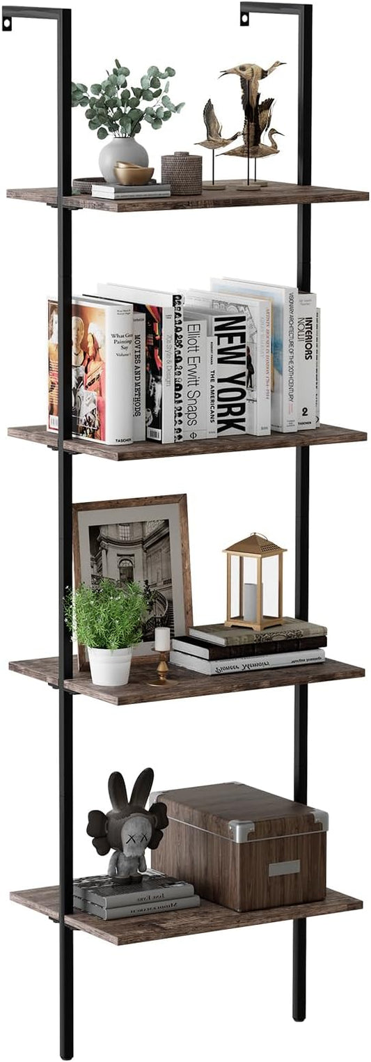 Ladder Shelf 4 Tiers Metal Industrial Bookshelf,Brown Wood Tall Open Storage Rack and Display Shelves,Wall Mount Wide Book Case for Home Office Bedroom,Small - LeafyLoom