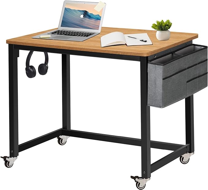 AHB Rolling Computer Desk with 4 Smooth Wheels, Simple Style Mobile Writing Desk Home Office Study Table Movable Workstation with Metal Frame (Natural, 32") - LeafyLoom