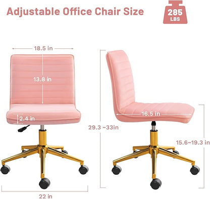 Furniliving Home Office Chair, Armless Vanity Chair with Wheels Swivel Velvet Computer Rolling Desk Chair with Back, Adjustable Accent Chair with Gold Metal Base Stool Chair,Pink - LeafyLoom