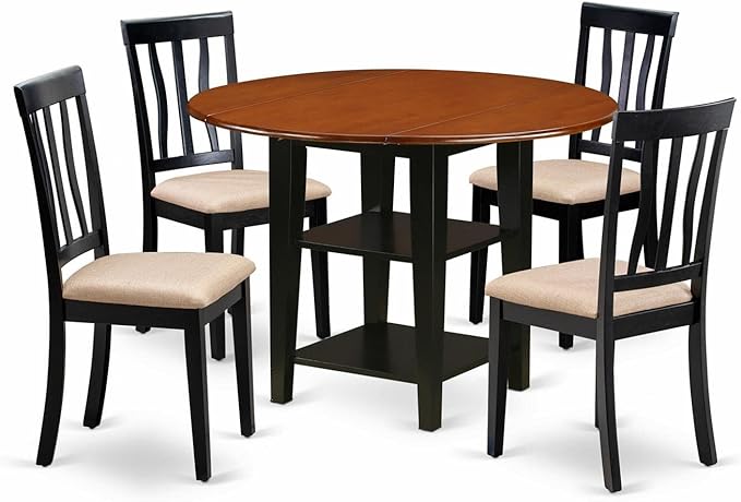 East West Furniture SUAN5-BCH-C 5 Piece Kitchen Table & Chairs Set Includes a Round Dining Table with Dropleaf & Shelves and 4 Linen Fabric Dining Room Chairs, 42x42 Inch, Black & Cherry - LeafyLoom