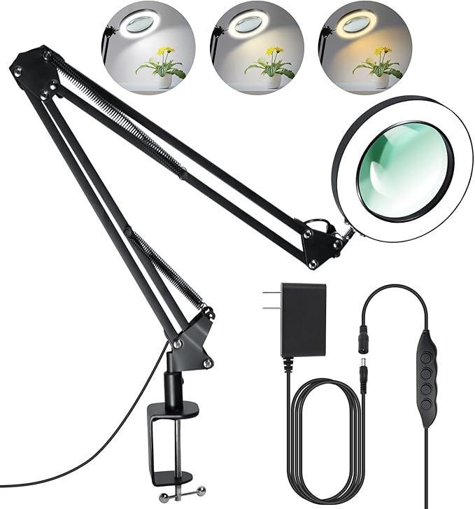 Magnifying Glass with Light and Stand 12V/1A Adapter 5X LED Magnifying Lamp 3 Color Modes Stepless Dimmable 2-in-1 Desk Magnifier with Light, for Hobby Reading Crafts Repair Reading Close Work - LeafyLoom