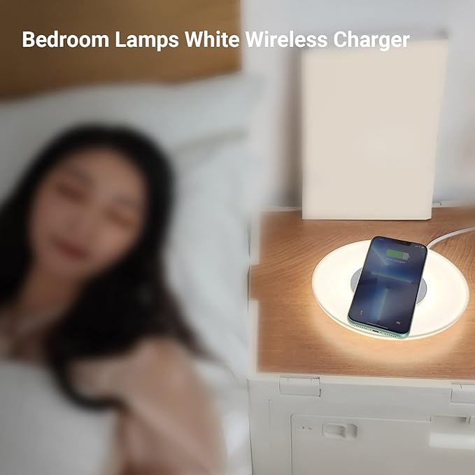 Table Lamp with Wireless Charger, Table Lamp with USB Port 2, Nightstand Lamp with Charging Station, Desk Night Light with Wireless Charger, Three-Port Plug (Table Lamp 4000K) - LeafyLoom