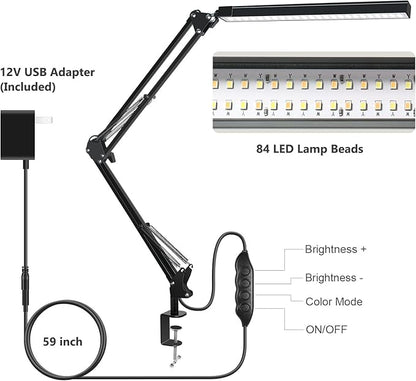 ODOM Swing Arm Led Desk Lamp with Clamp, 3 Color Modes 6 Brightness & Stepless Dimming Eye-Caring, 360 Degree Flexible Desk Lamps for Home Office, with 12V AC/DC Adapter - LeafyLoom