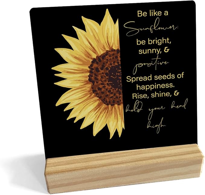 MUBIAO Sunflower Wooden Plaque Sign Desk Decor, Motivational Sunflower Quote Wood Stand Signs Desk Decor, Rustic Decor for Home Office Shelf Desk 4 x 4 Inches - LeafyLoom